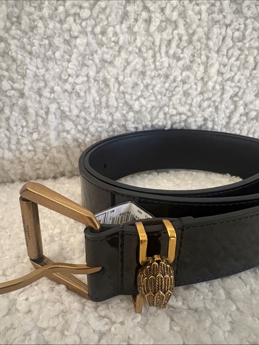 Kurt Geiger Black Patent Belt with Gold Tone Buckle and Beetle Accent M/L